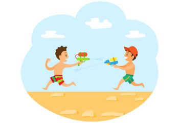 istockphoto-1285931068-612x612 People having fun in summer vector, vacations of kid on beach. Children playing with guns loaded with water, summertime holidays and game of child