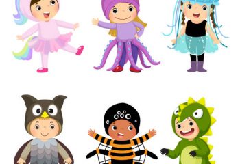 fete deguisee Vector cartoon of cute kids in animal costumes set. Carnival clothes for children.